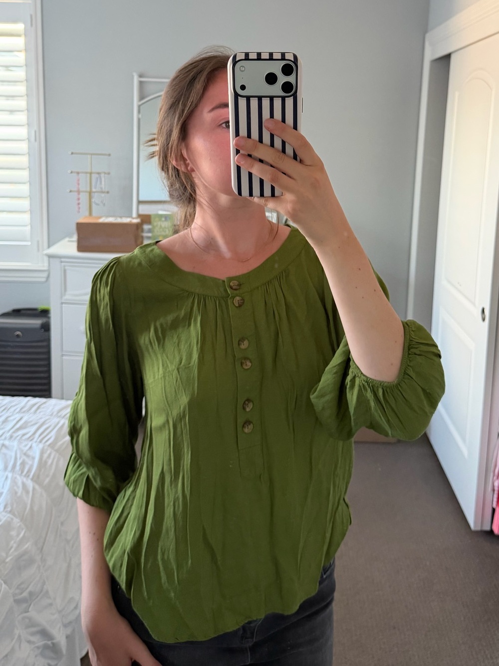 Maeve Anthropologie Olive Green Button-Front Peasant Blouse - Women